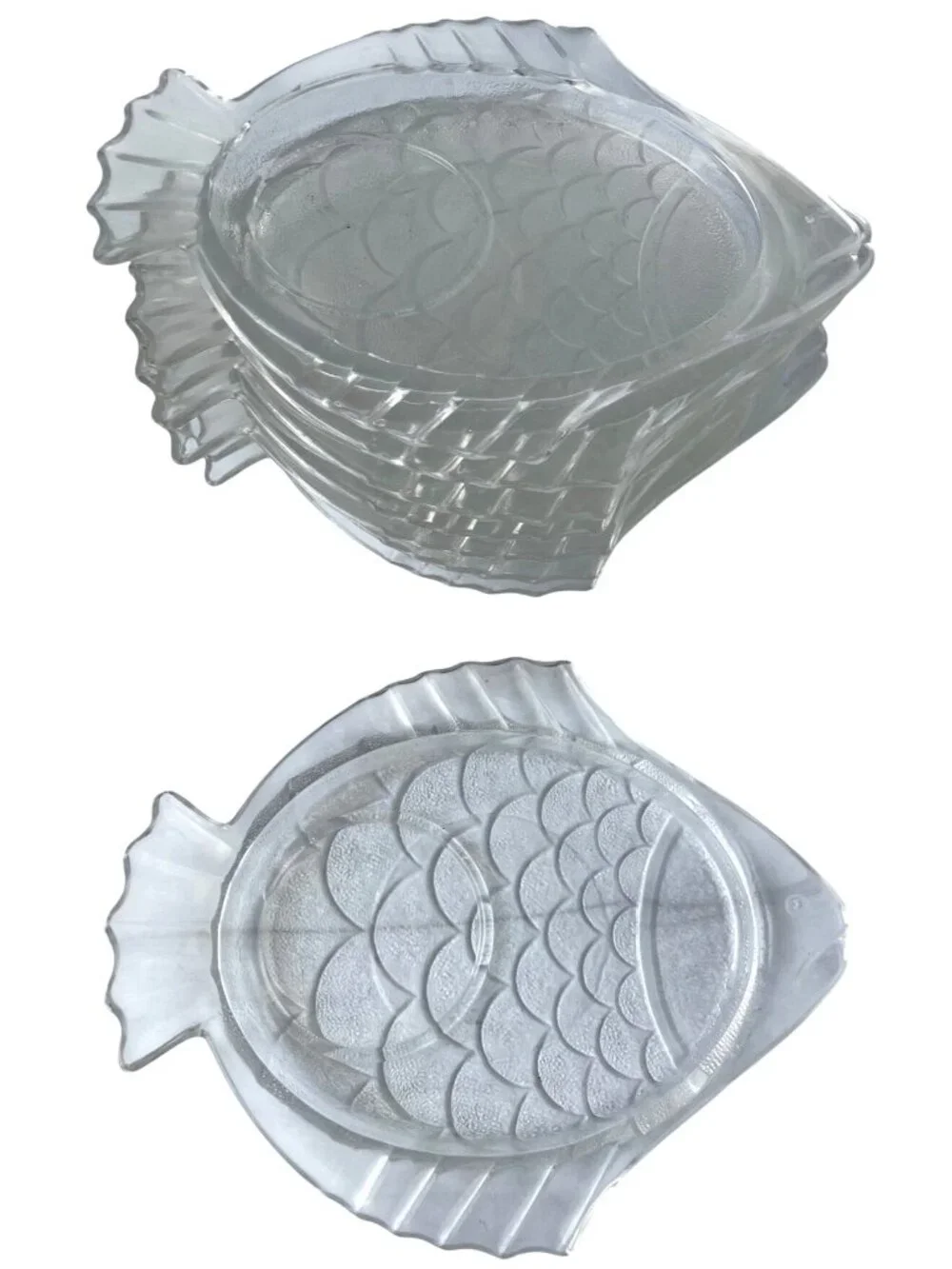 8 Clear Textured Glass Fish-Shaped Snack/Bar/Appetizer Plates Coastal Decor
